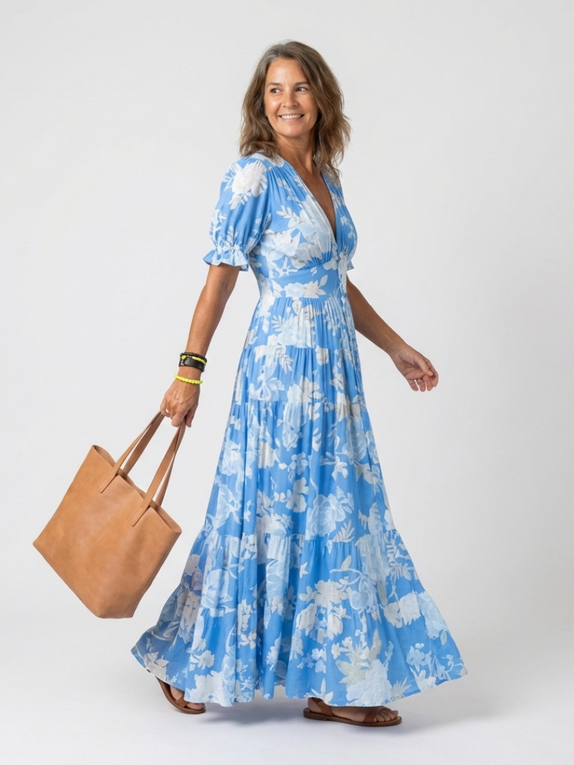 Ione | Kurzarm-Midikleid mit Blumenmuster und V-Ausschnitt