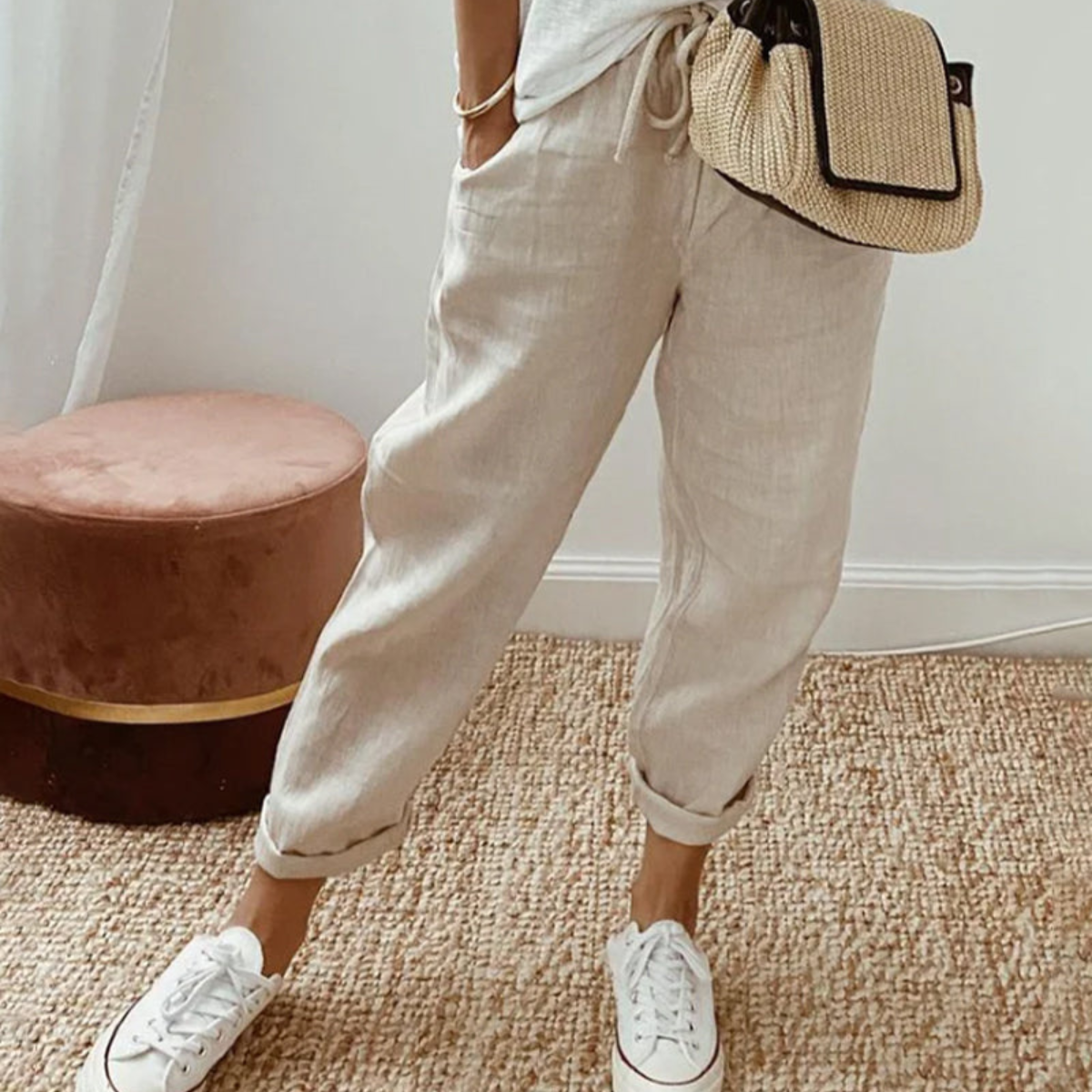 Elegante Weiße Leinenhose Damen