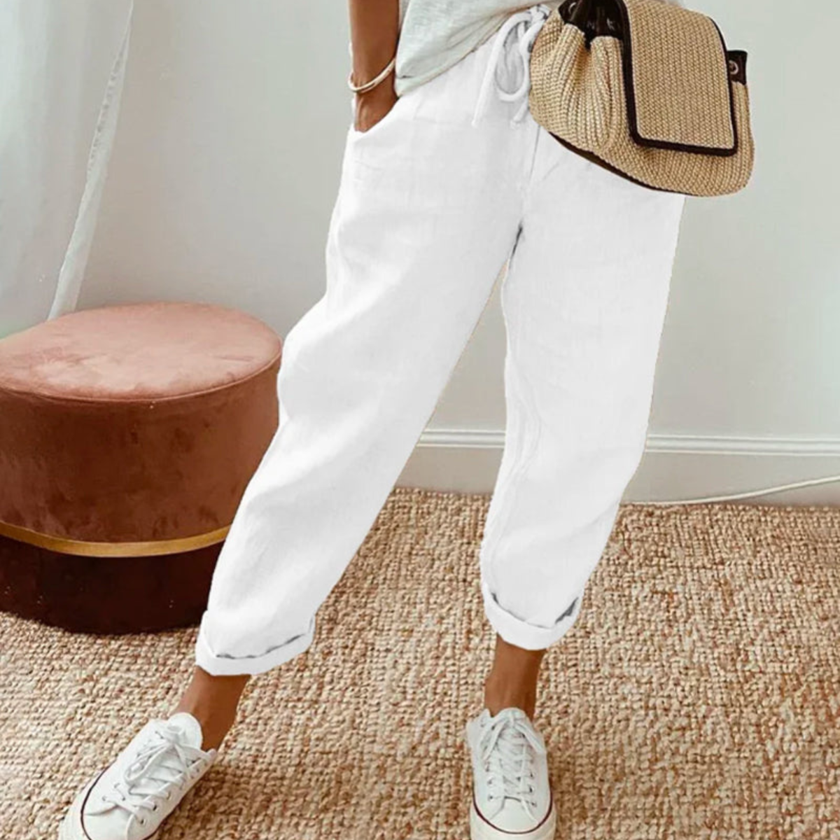 Elegante Weiße Leinenhose Damen