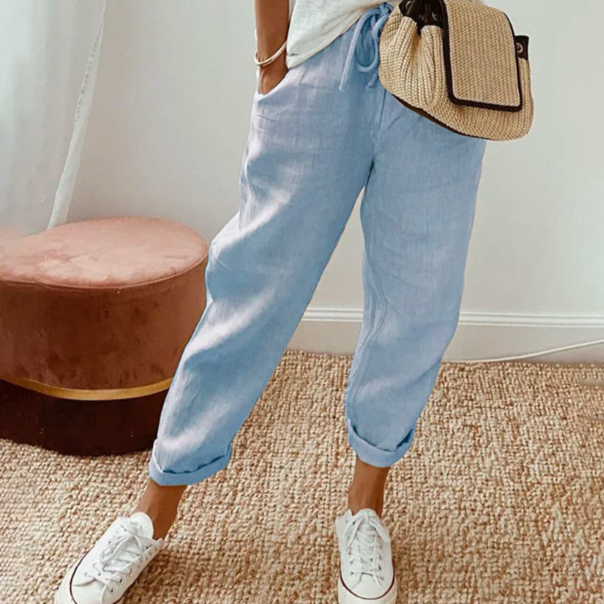 Elegante Weiße Leinenhose Damen