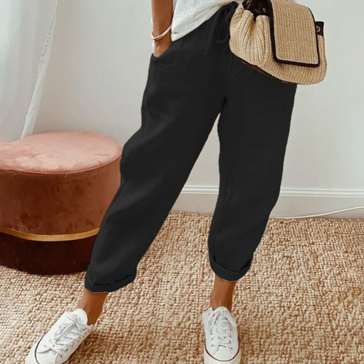 Elegante Weiße Leinenhose Damen