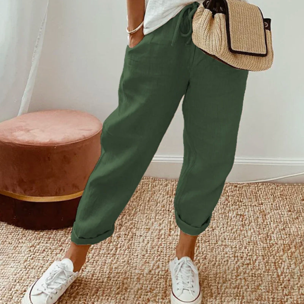 Elegante Weiße Leinenhose Damen