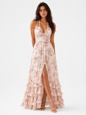 Elegante vestido maxi con estampado floral y cuello halter