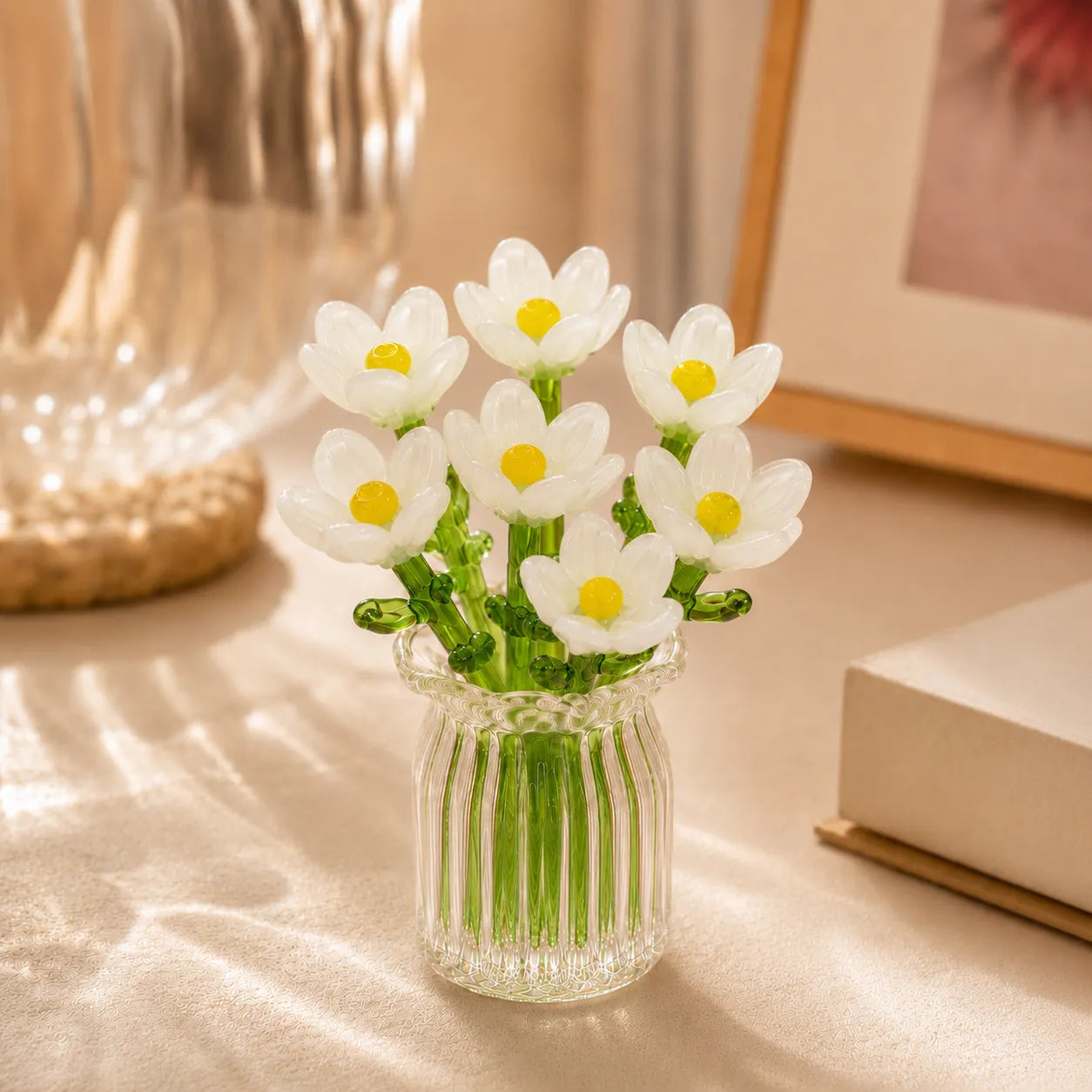 Miniatur Glasblumen Set - Mundgeblasene Blüten mit Vase, ewig schön