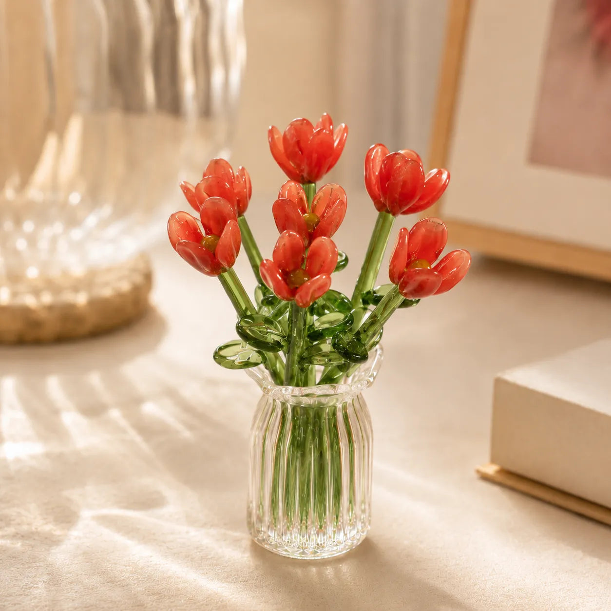 Miniatur Glasblumen Set - Mundgeblasene Blüten mit Vase, ewig schön