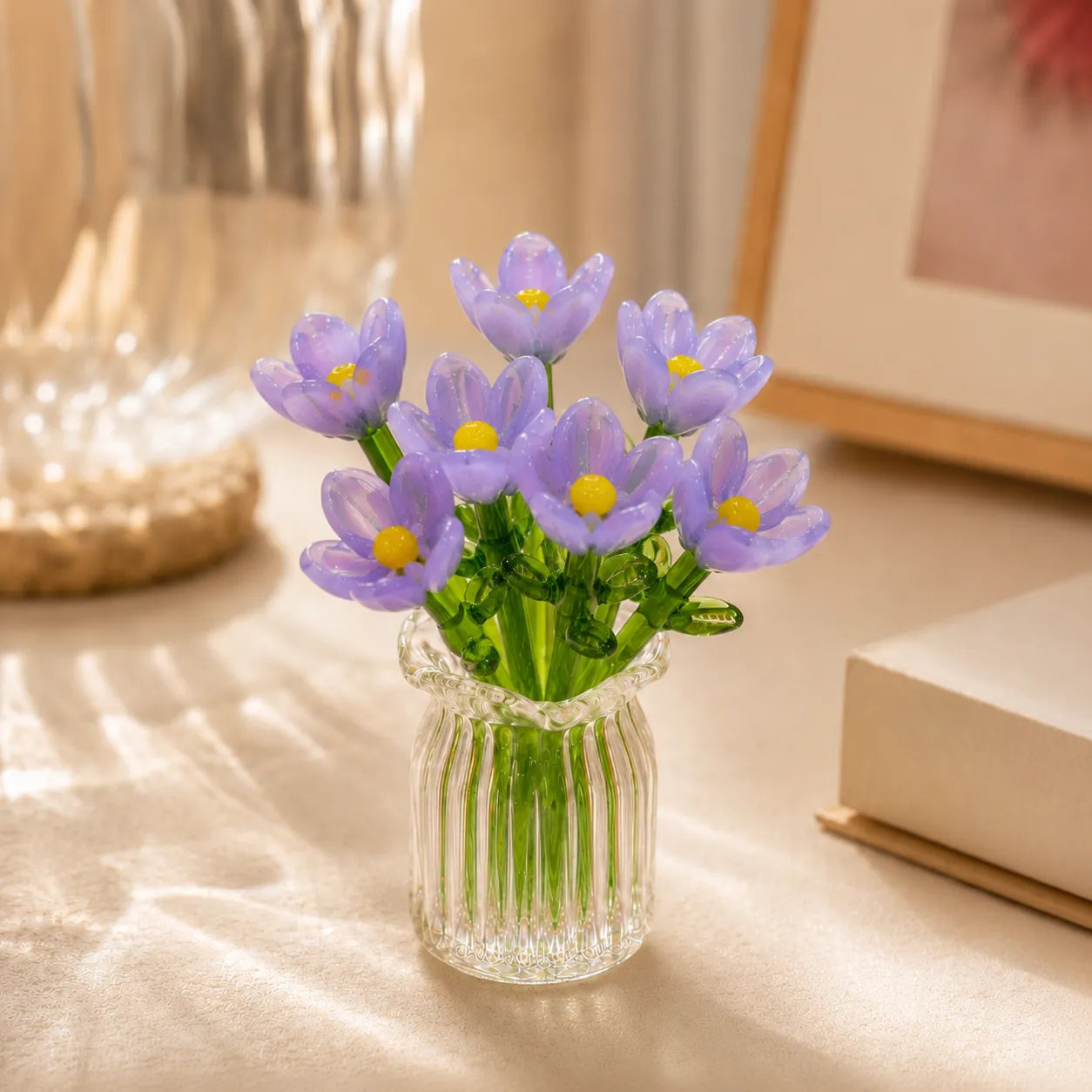 Miniatur Glasblumen Set - Mundgeblasene Blüten mit Vase, ewig schön
