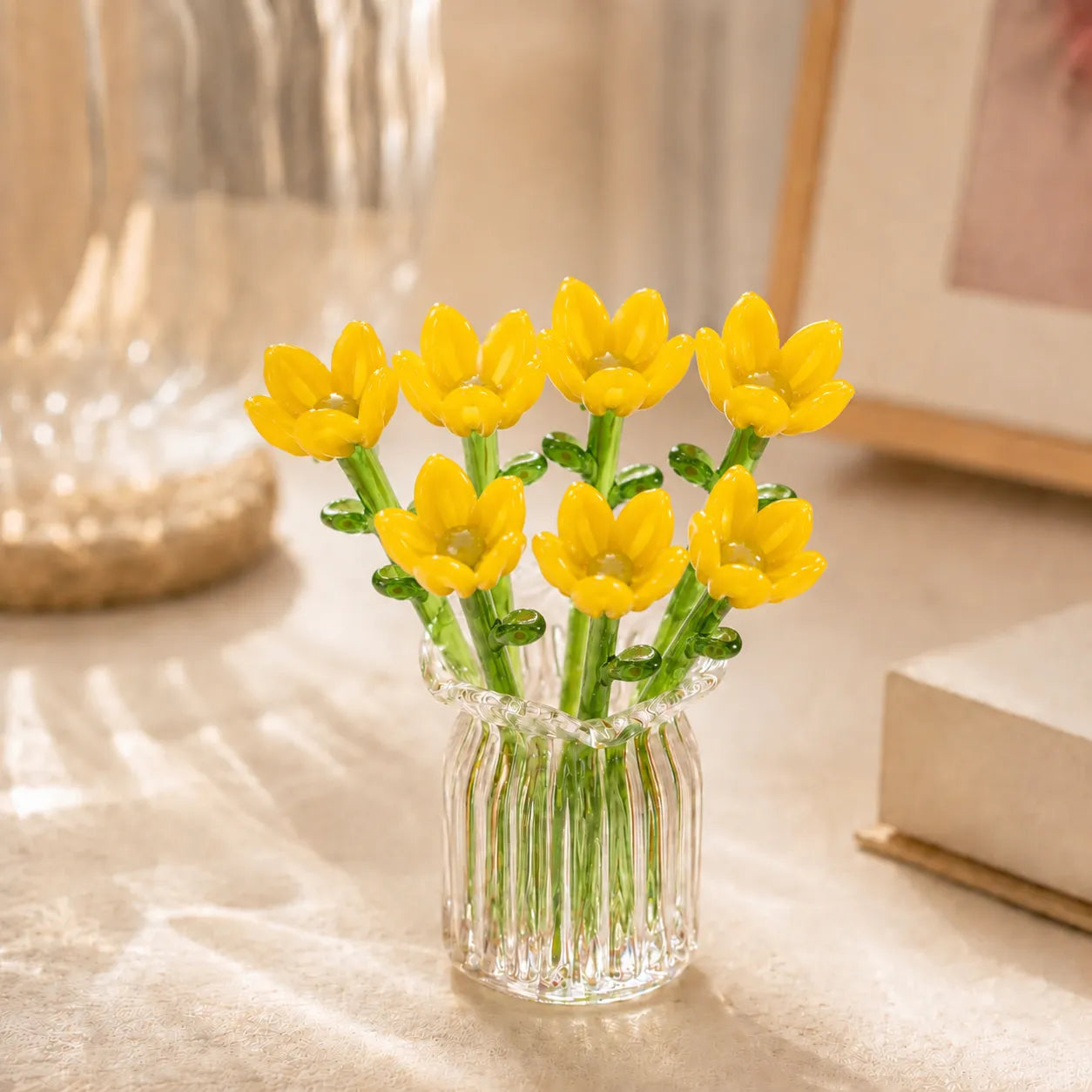 Miniatur Glasblumen Set - Mundgeblasene Blüten mit Vase, ewig schön