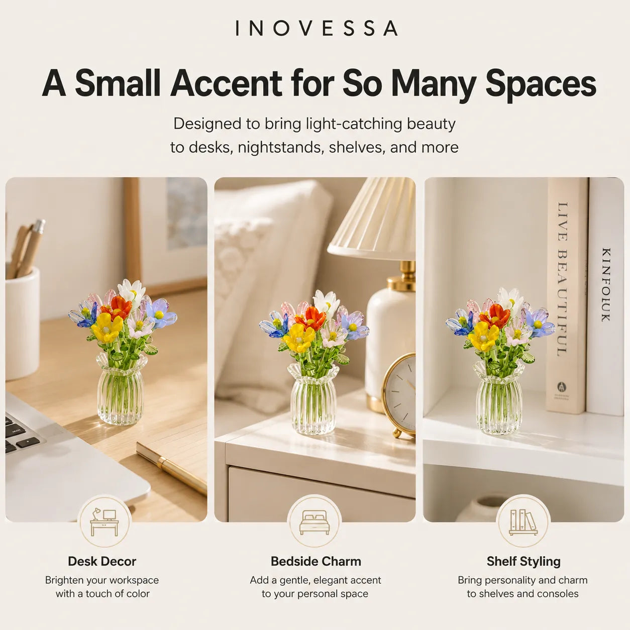 product advertisement with small floral arrangements in clear vases on various surfaces.