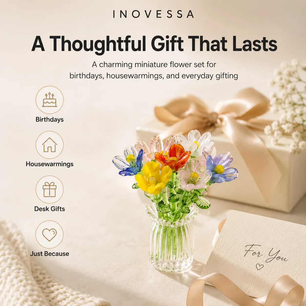 flower set packaging with flowers in a vase and gift box on a light background