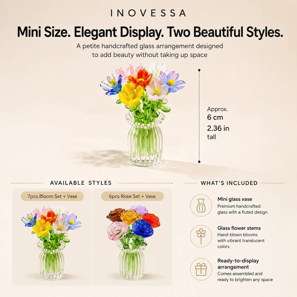 mini glass flower arrangements with product details on a beige background