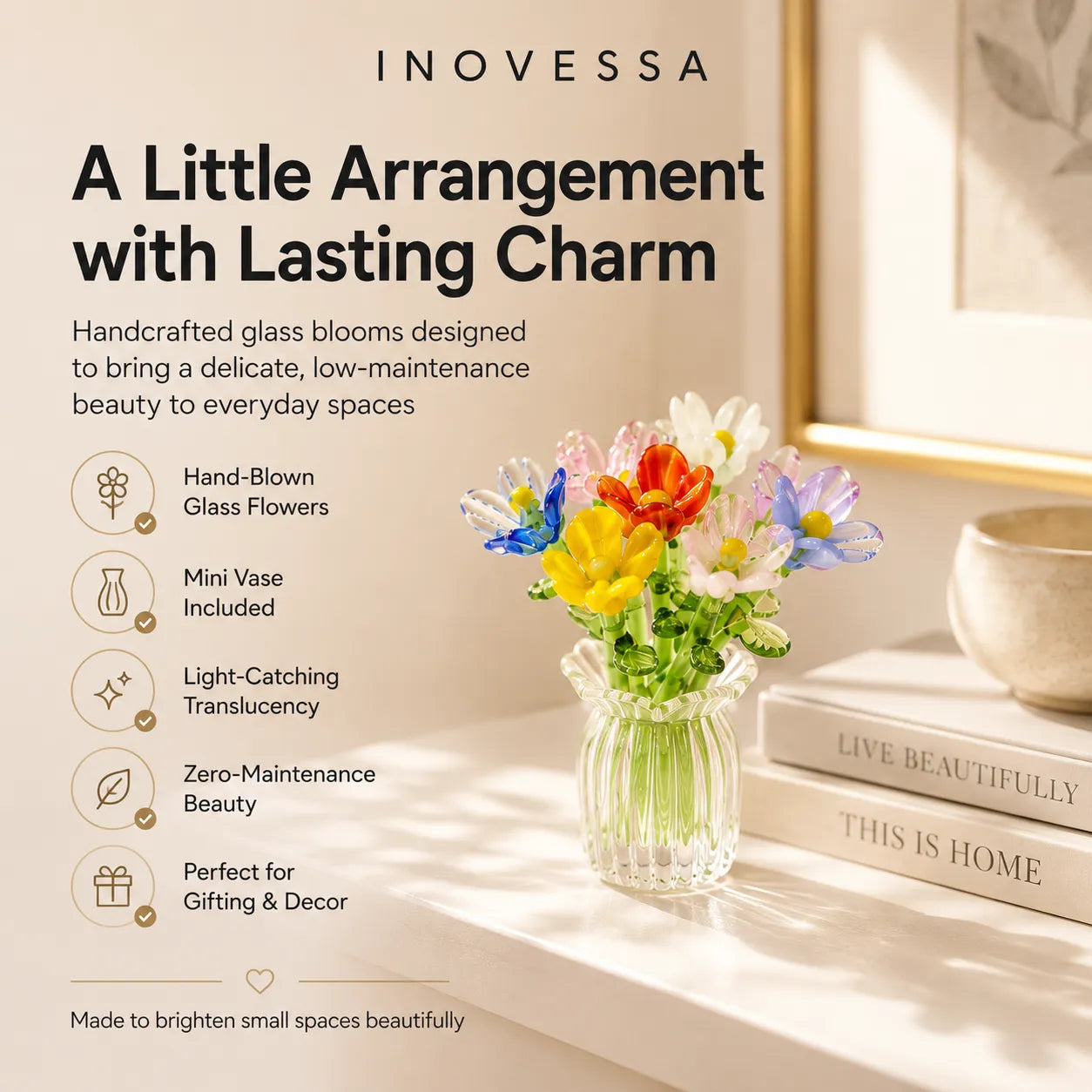 Glass flower arrangement in a vase with promotional text about on a neutral background.