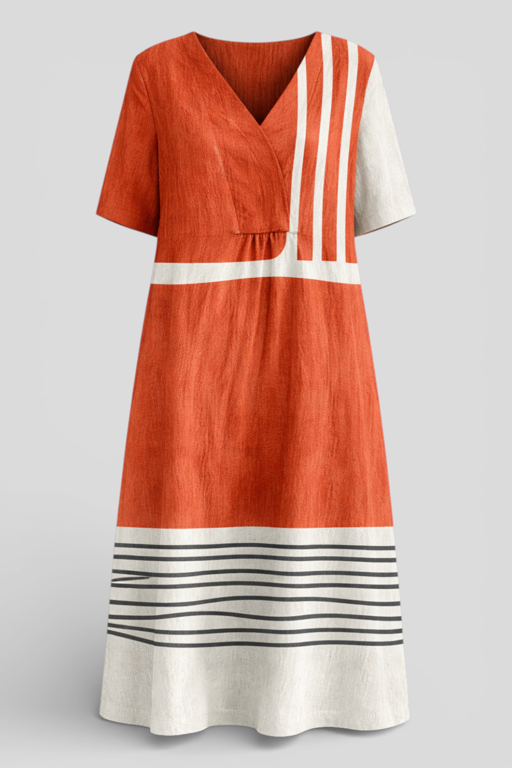 Elegantes terrakottakleid mit stilvollen grafischen Streifen Damen