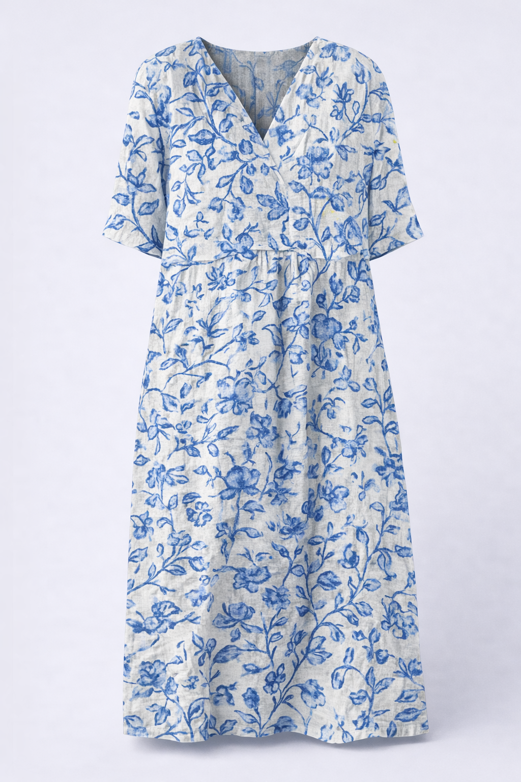 Léonie - Elegantes Vit Kleid mit Charmanten Blau Porzellanblumen Damen