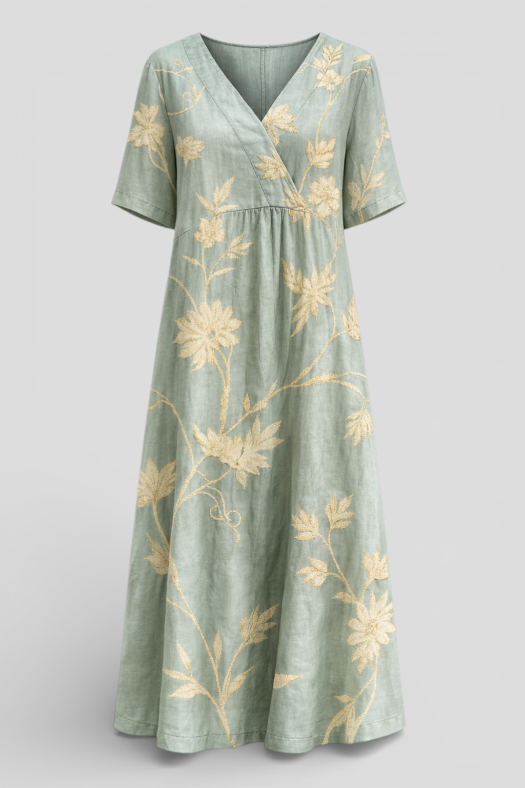 Elegantes blau-graues Kleid mit charmanten Blumenstickereien für einen anspruchsvollen Look
