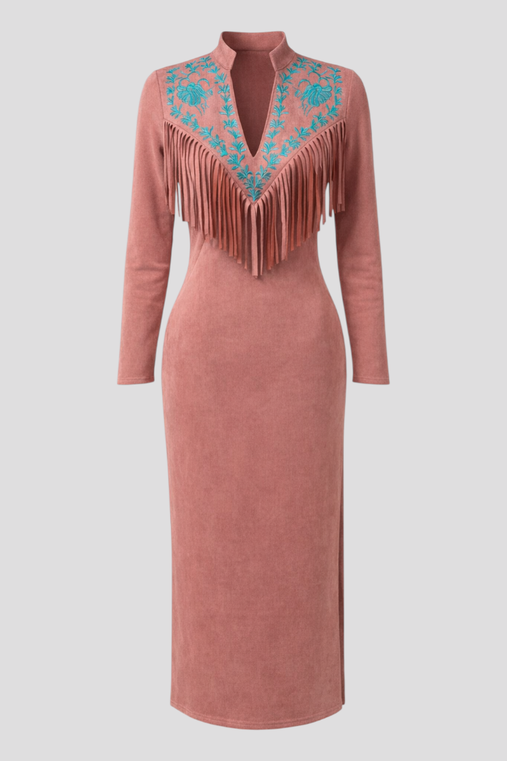 Vintage-Western-Maxikleid mit Fransen, Stickerei und Kunstleder in Rosa