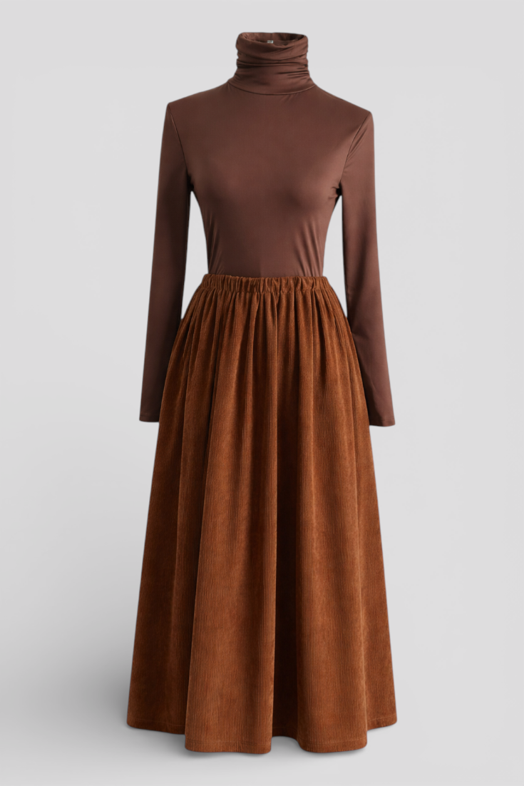 Dunkelbraunes Rollkragenoberteil und Cordrock-Set – Elegantes und gemütliches Ensemble