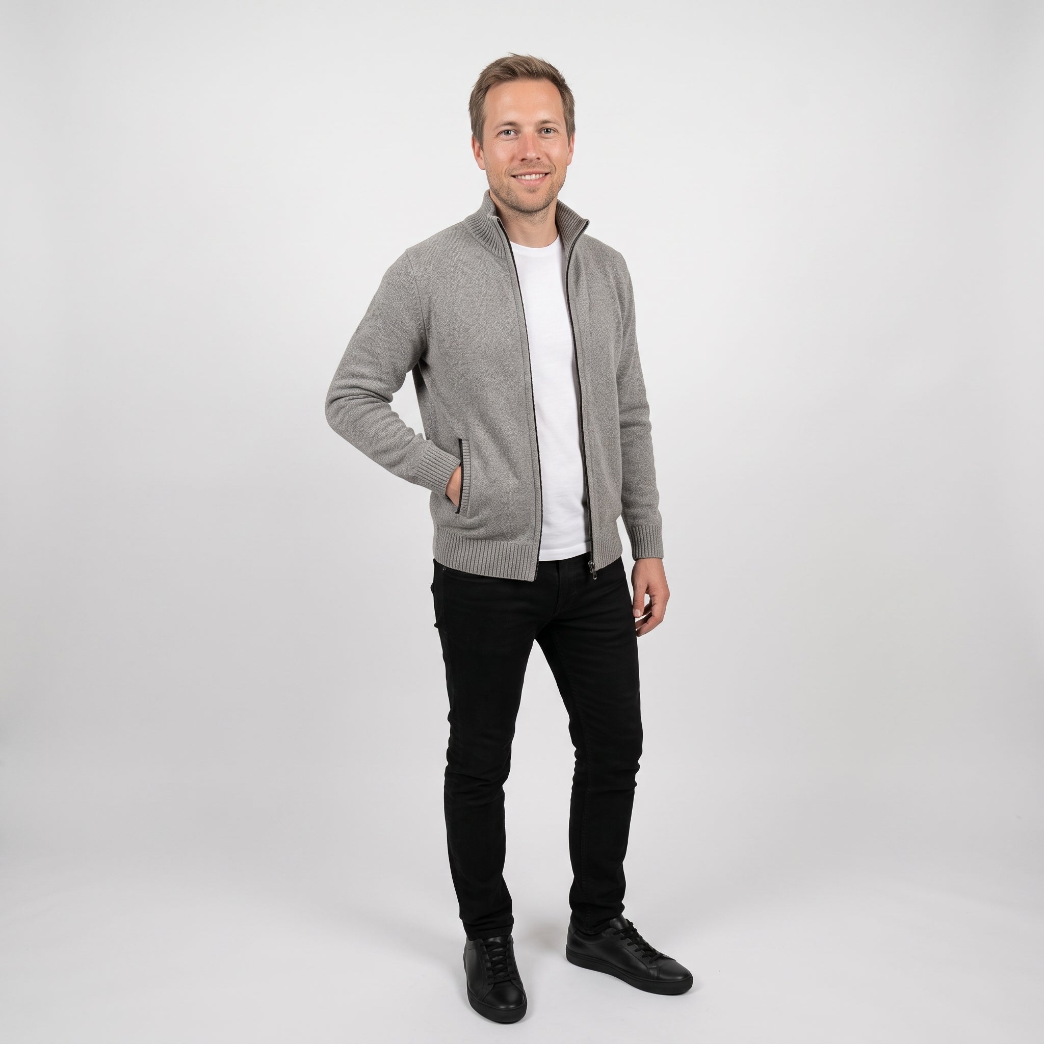 Herren Strickjacke - Reißverschluss, Stehkragen, Polyestermix