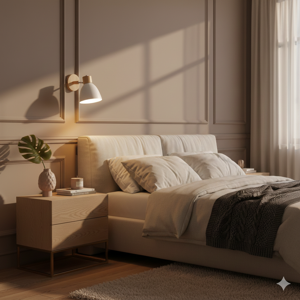 Moderne Wandleuchte mit angewinkeltem Arm, Holz, konischem Schirm