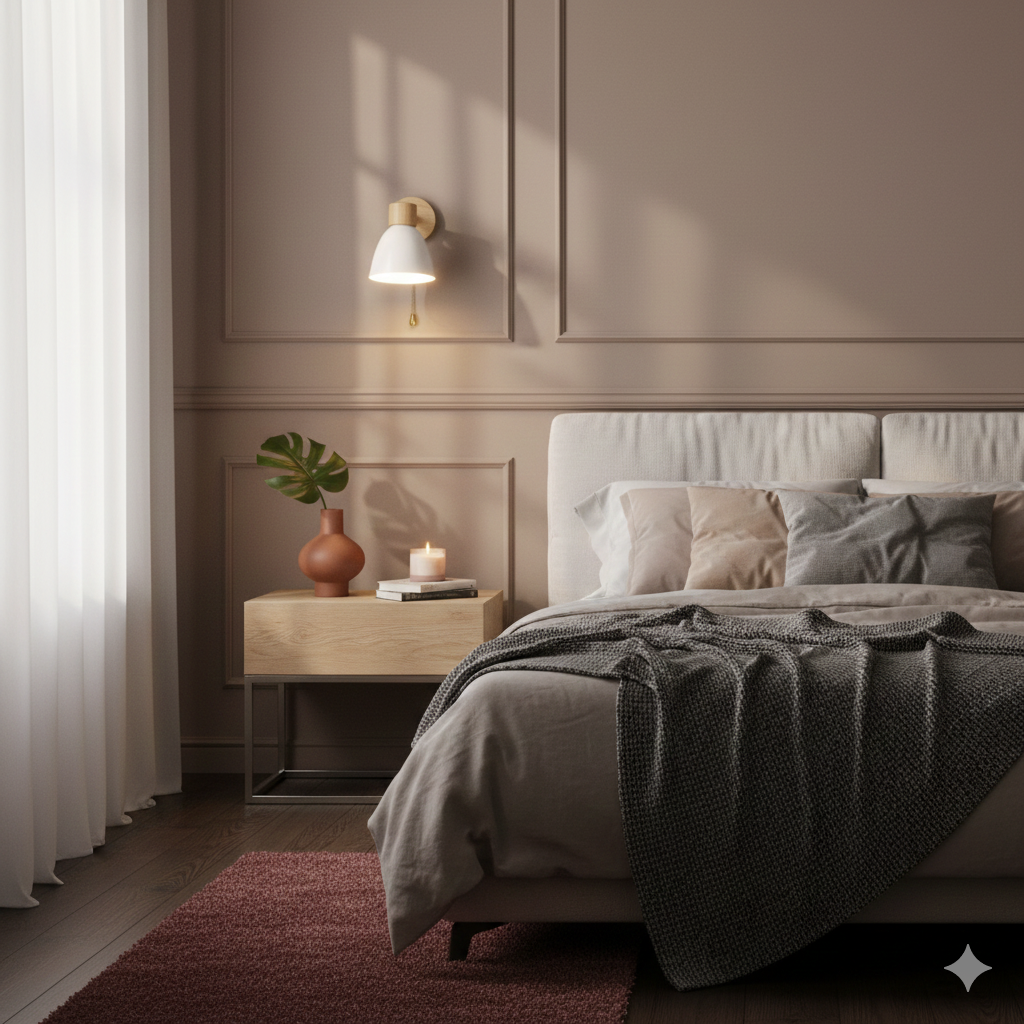 Moderne Wandleuchte mit angewinkeltem Arm, Holz, konischem Schirm