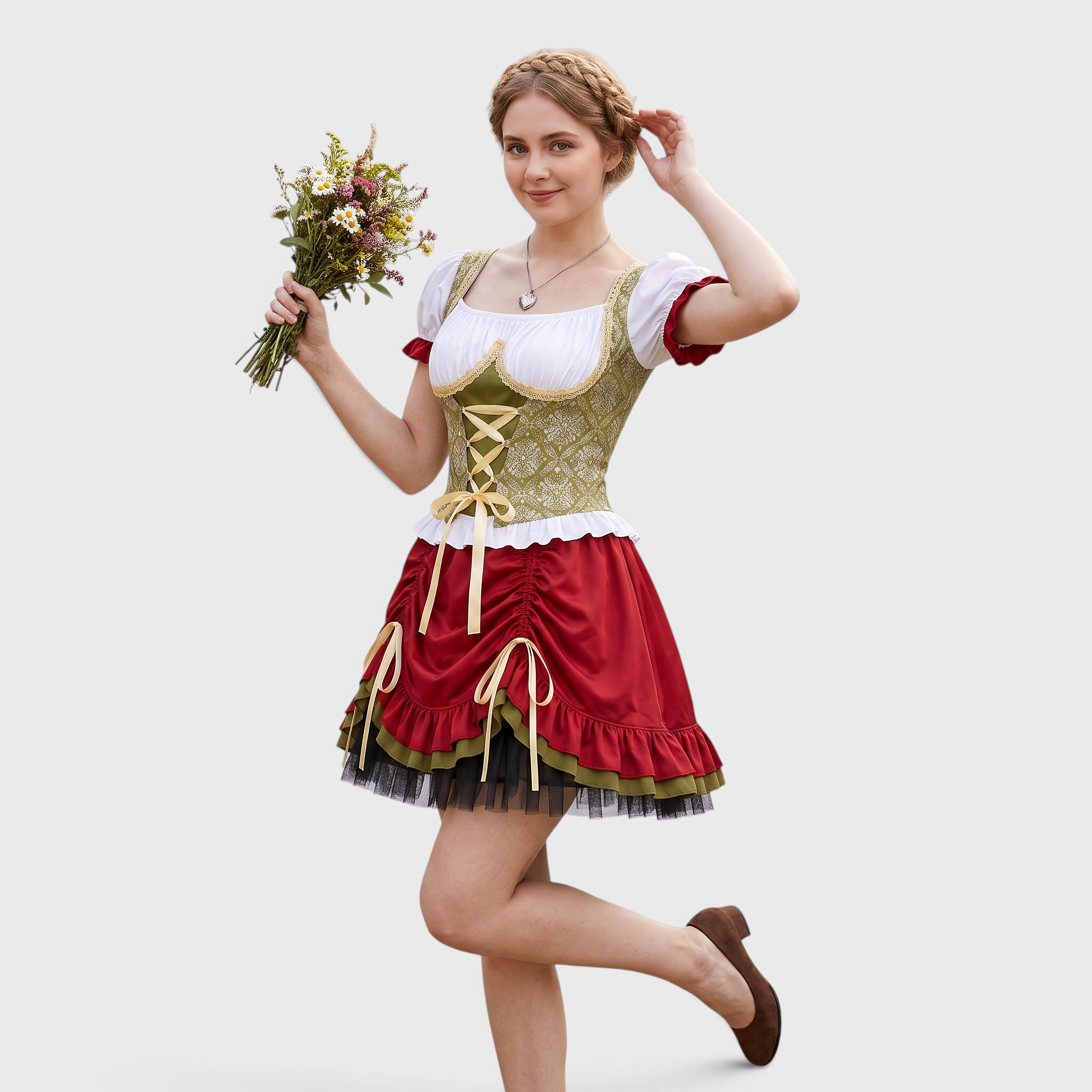 Damen Oktoberfestkostüm: Schnürmieder, Puffärmel und Rüschenrock