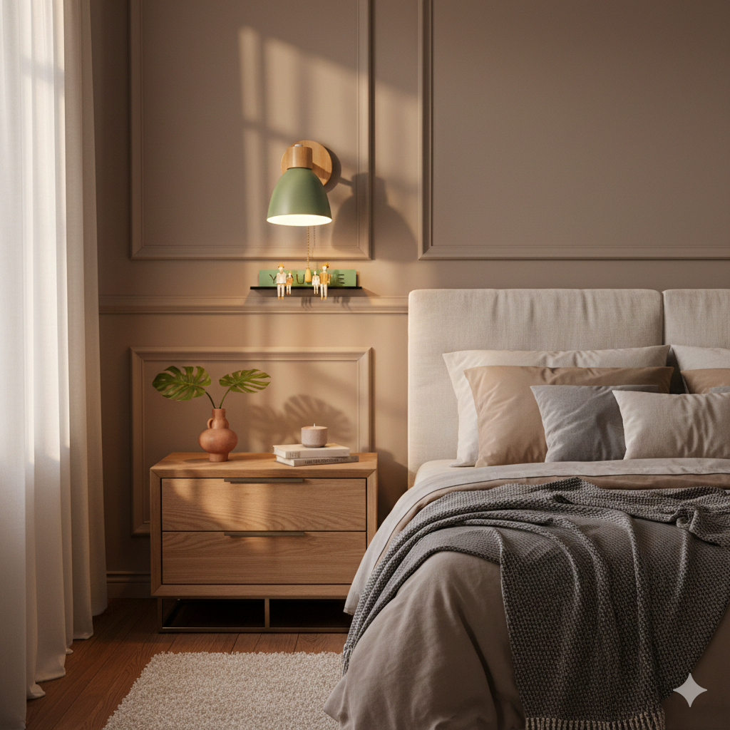 Moderne Wandleuchte mit angewinkeltem Arm, Holz, konischem Schirm
