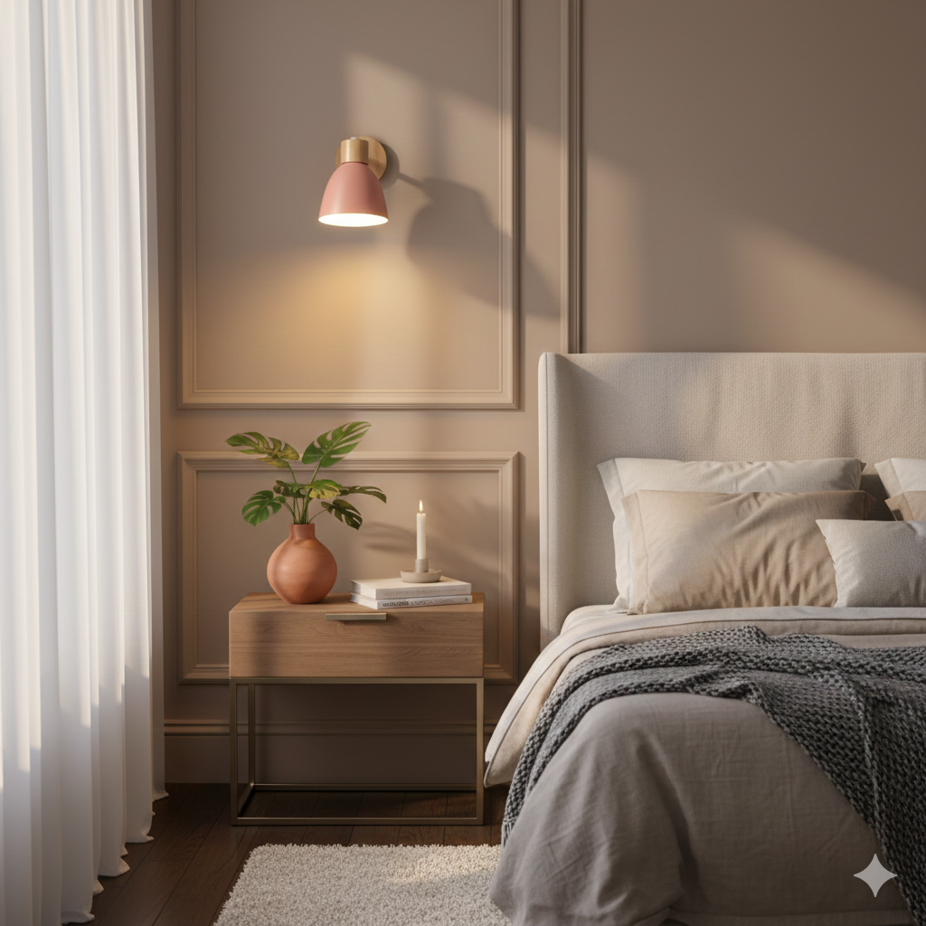 Moderne Wandleuchte mit angewinkeltem Arm, Holz, konischem Schirm