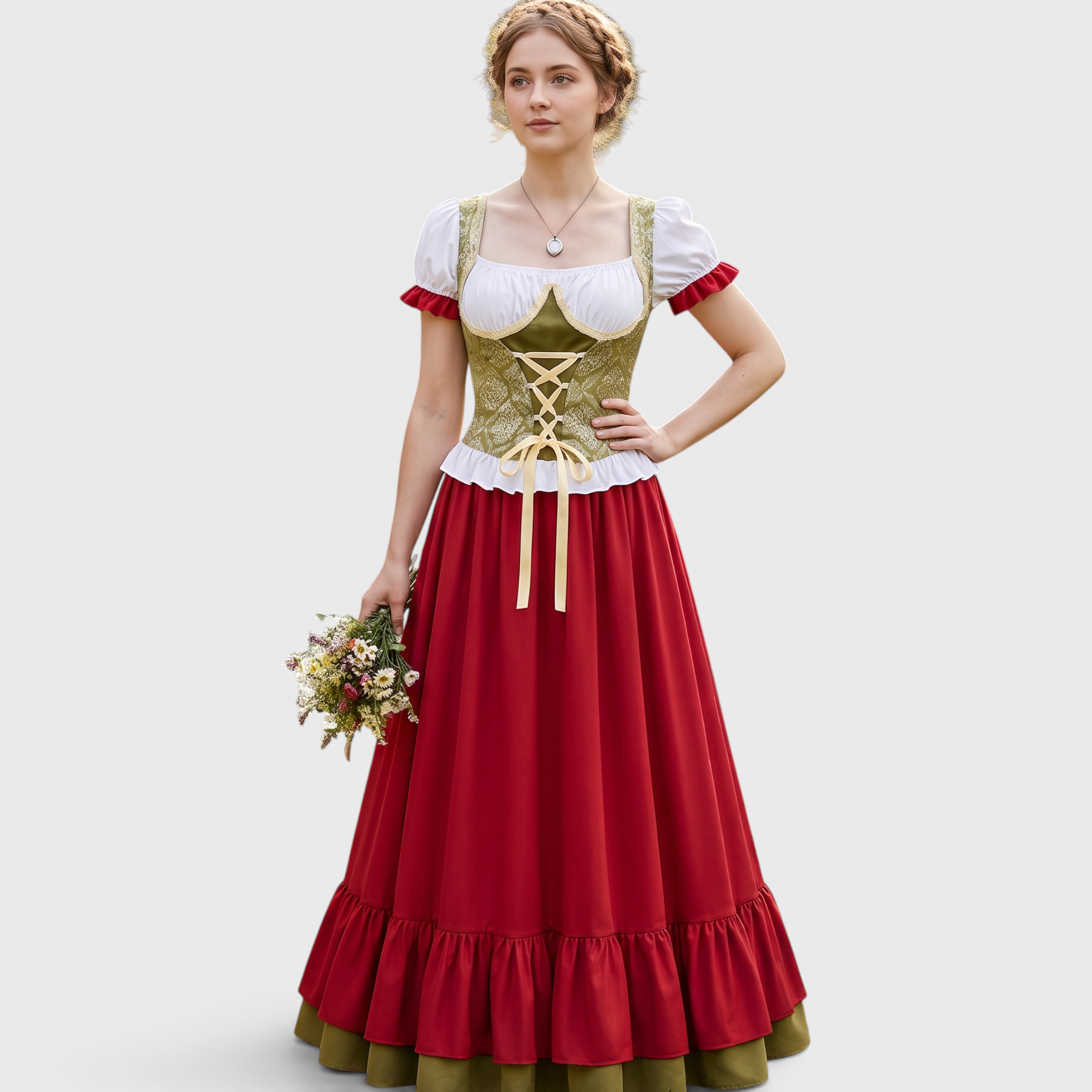 Damen Oktoberfestkostüm: Schnürmieder, Puffärmel und Rüschenrock