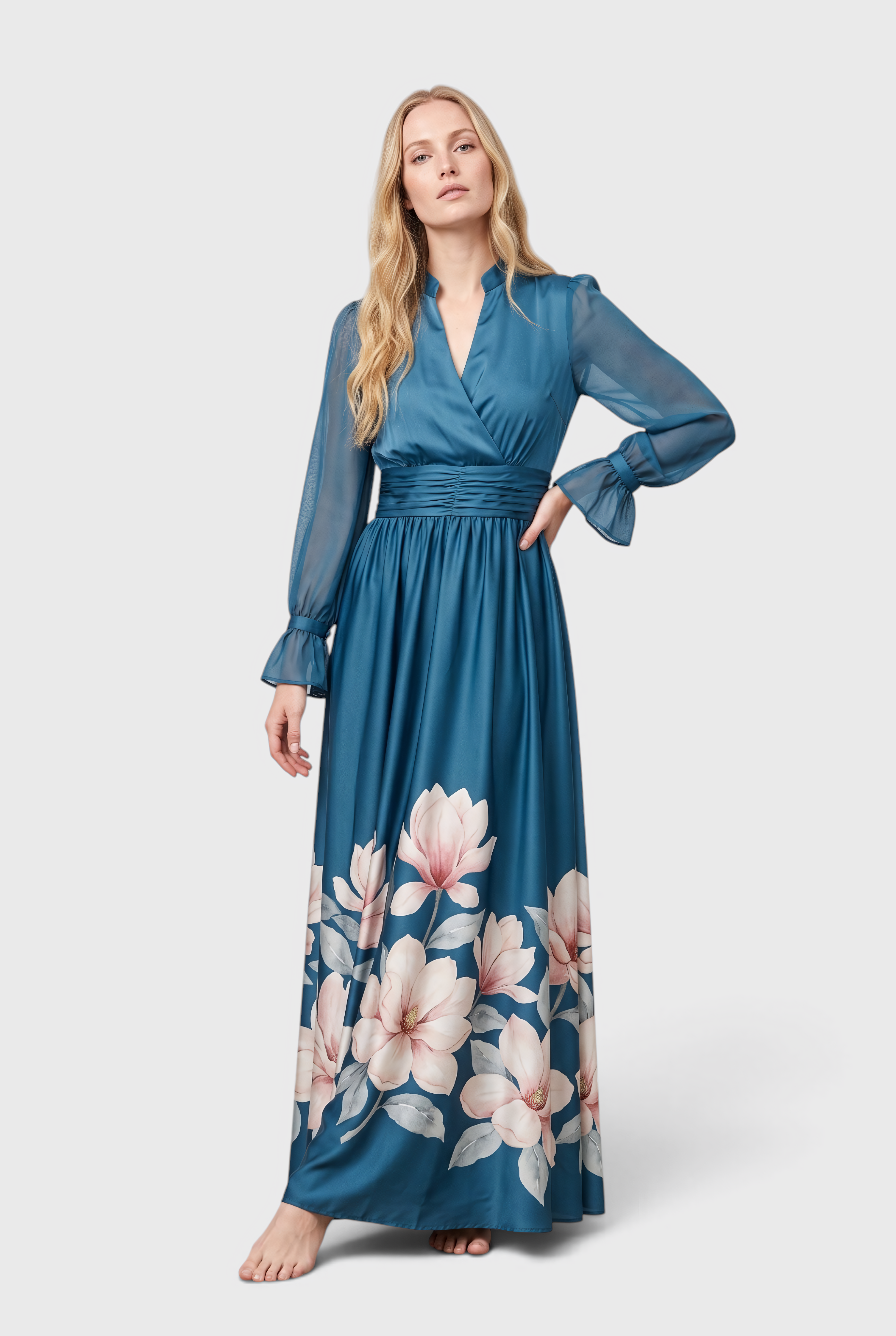 Ziva | Maxi Dress with Pleated, Sheer Sleeves