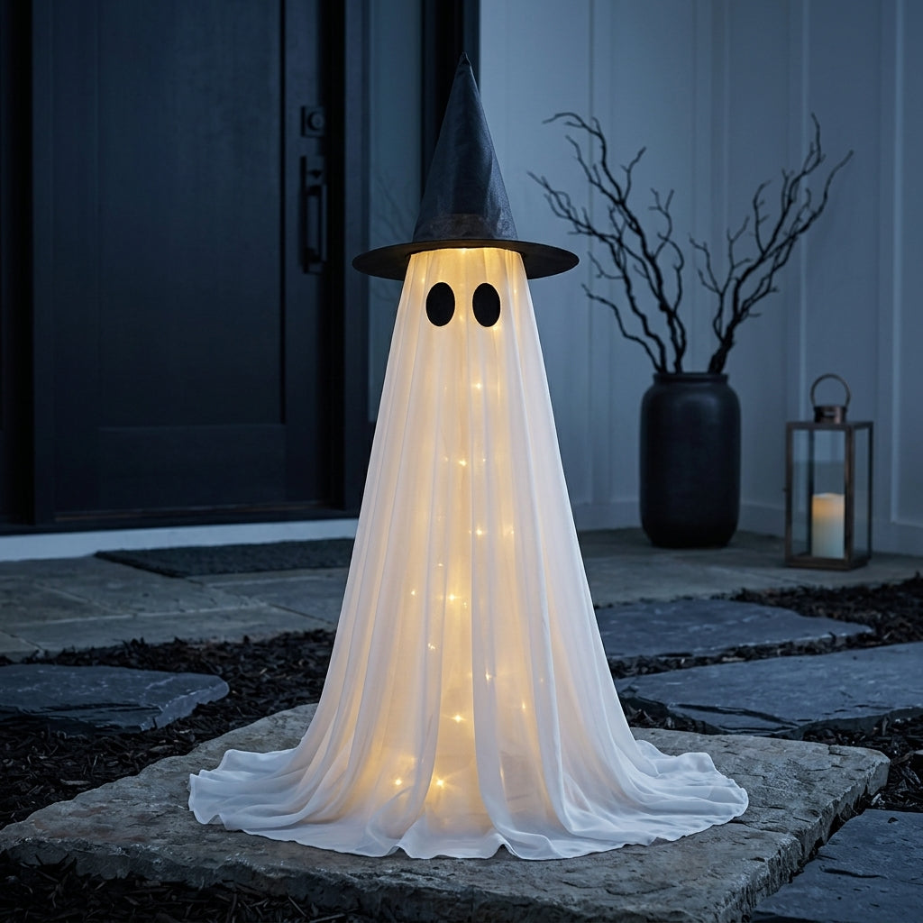 Leuchtender Geist mit Hexenhut - LED Halloween-Dekoration