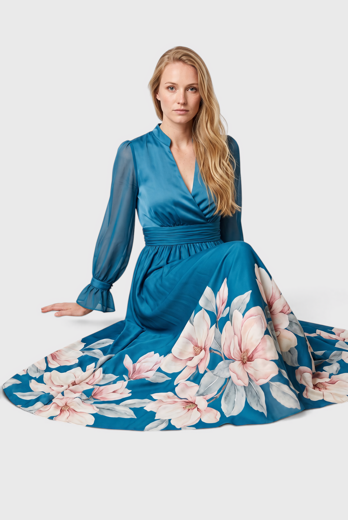 Ziva | Maxi Dress with Pleated, Sheer Sleeves