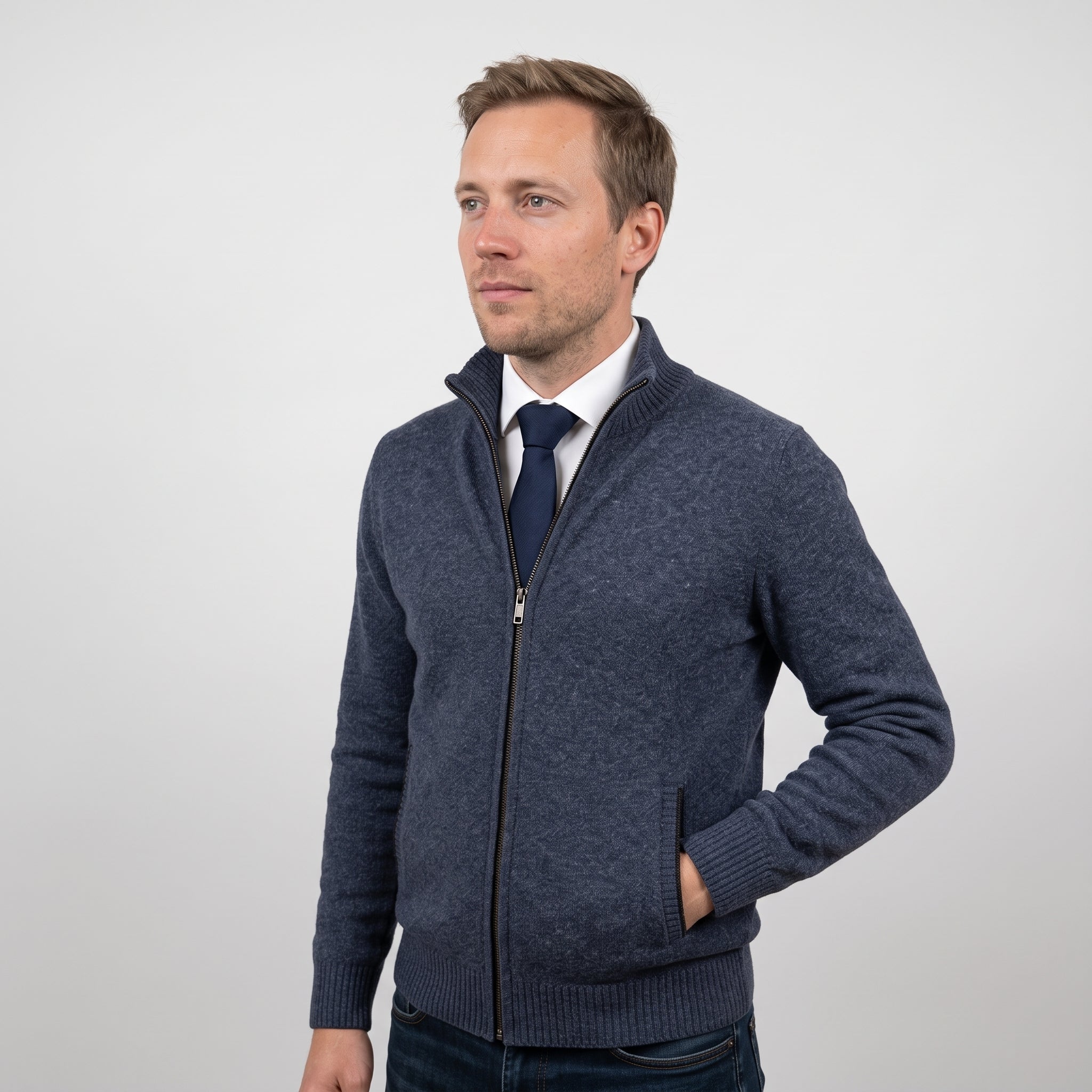 Herren Strickjacke - Reißverschluss, Stehkragen, Polyestermix