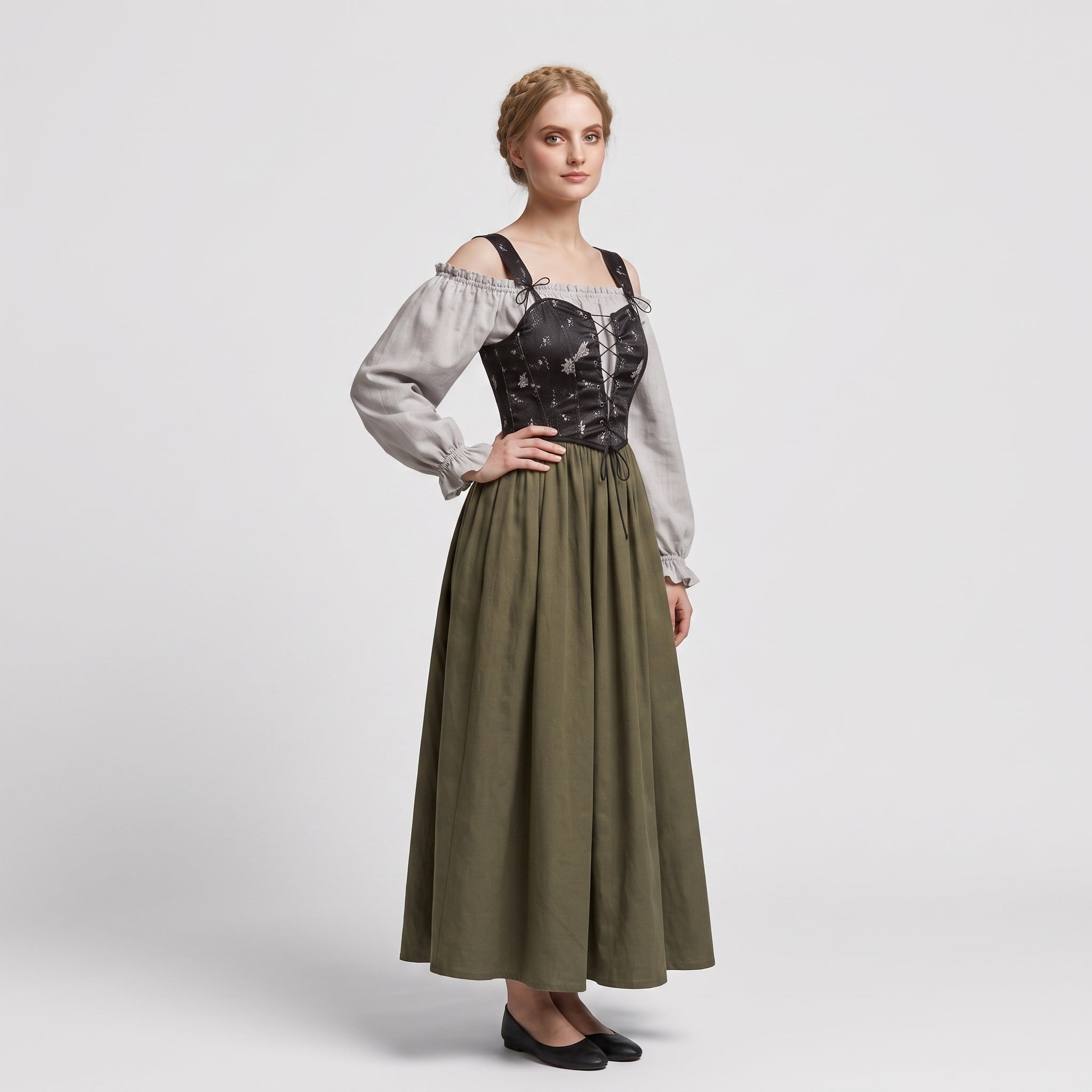 Gifts – Seasonal – Oktoberfest : Trachtenjurk Dames Grijs - Romantische Stijl, Pofmouwen in