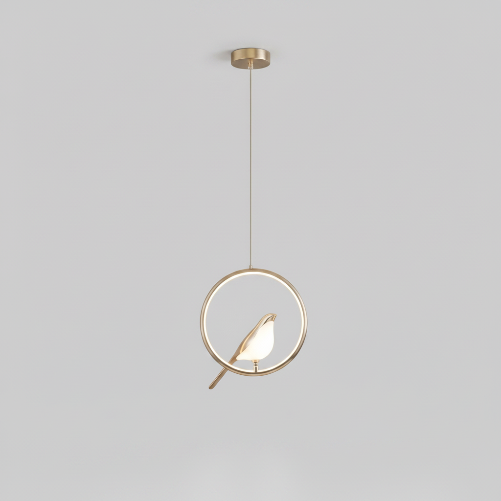 Goldene Vogel-Pendelleuchte – LED-Skulptur-Deckenlampe