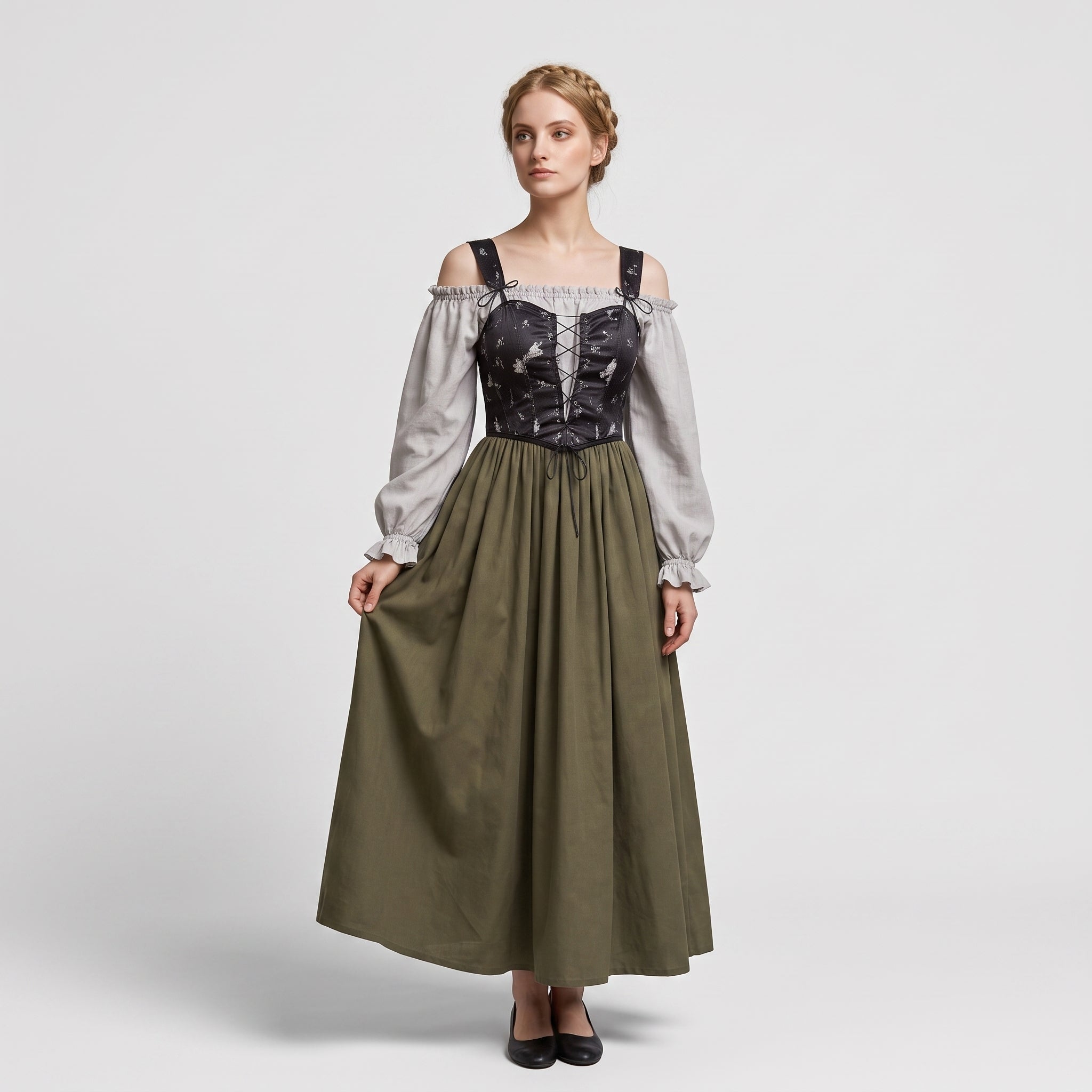 Gifts – Seasonal – Oktoberfest : Trachtenjurk Dames Grijs - Romantische Stijl, Pofmouwen in