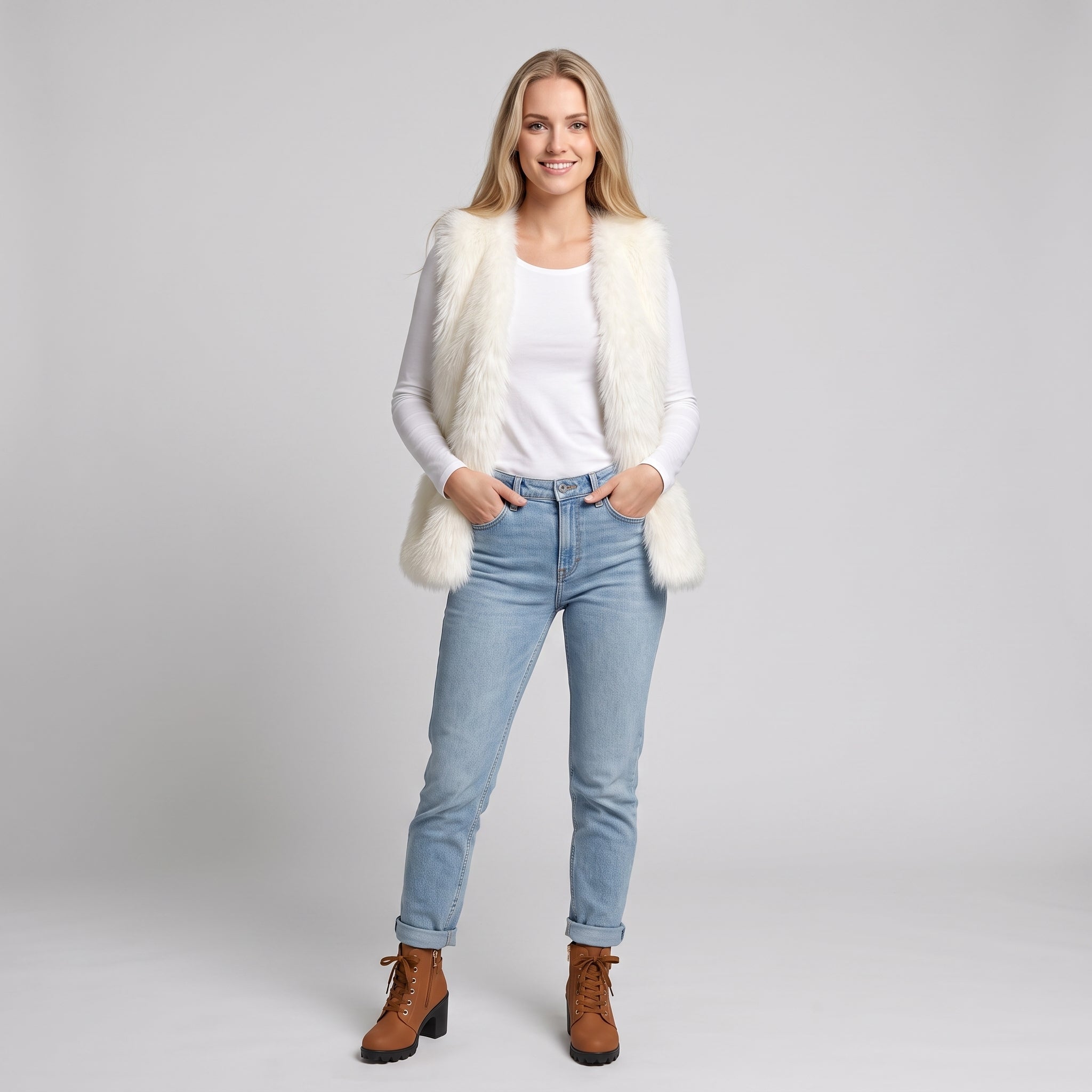 AS - Womens - Top : Dames Nepbont Vest - Open Voorkant, Losse Pasvorm en Warm in