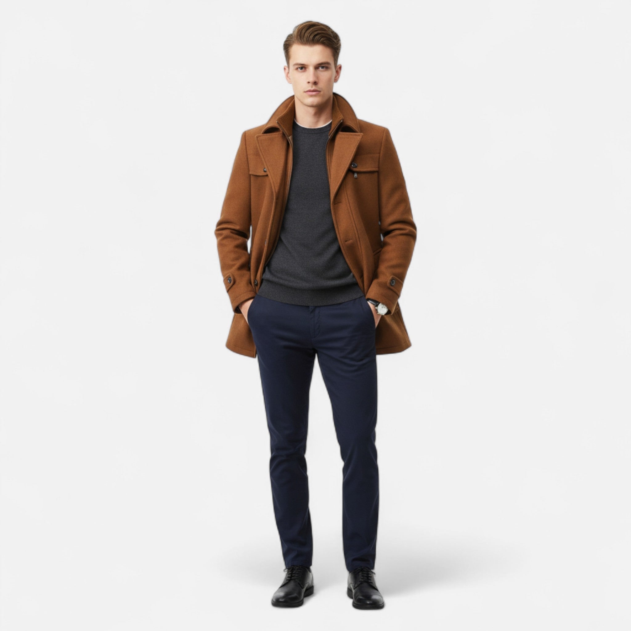Eleganter Herren Trenchcoat aus Wolle mit Doppelkragen & Reißverschluss