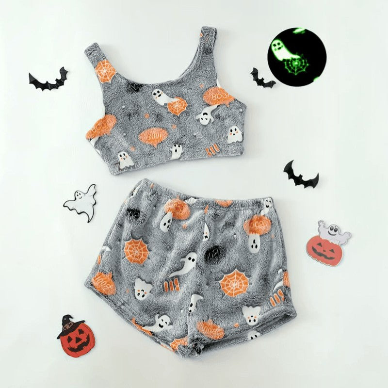 Halloween Pyjama Set Damen - Leuchtende Geistermuster