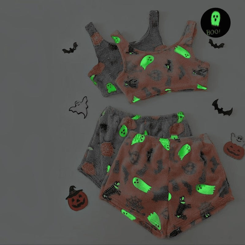 Halloween Pyjama Set Damen - Leuchtende Geistermuster