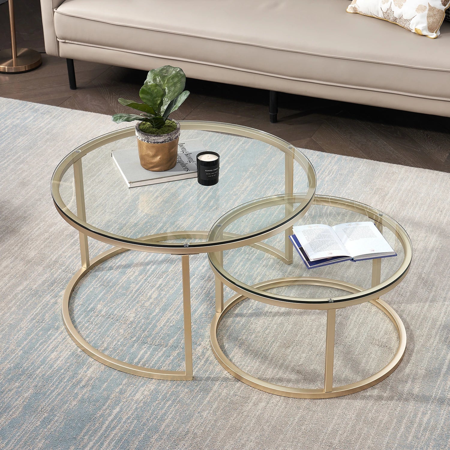 Caelanis - Stilvolle 2-in-1 Runde Couchtisch mit robustem Eisenrahmen und Glasplatte