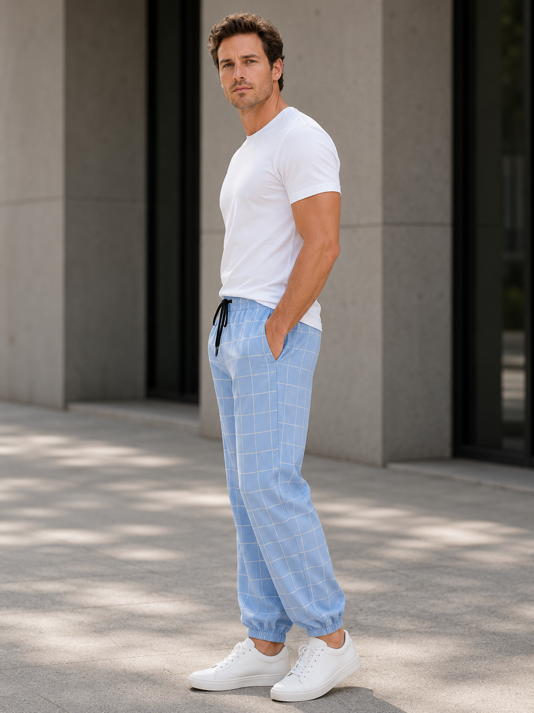 Herren Bequeme Karomuster Joggerhose