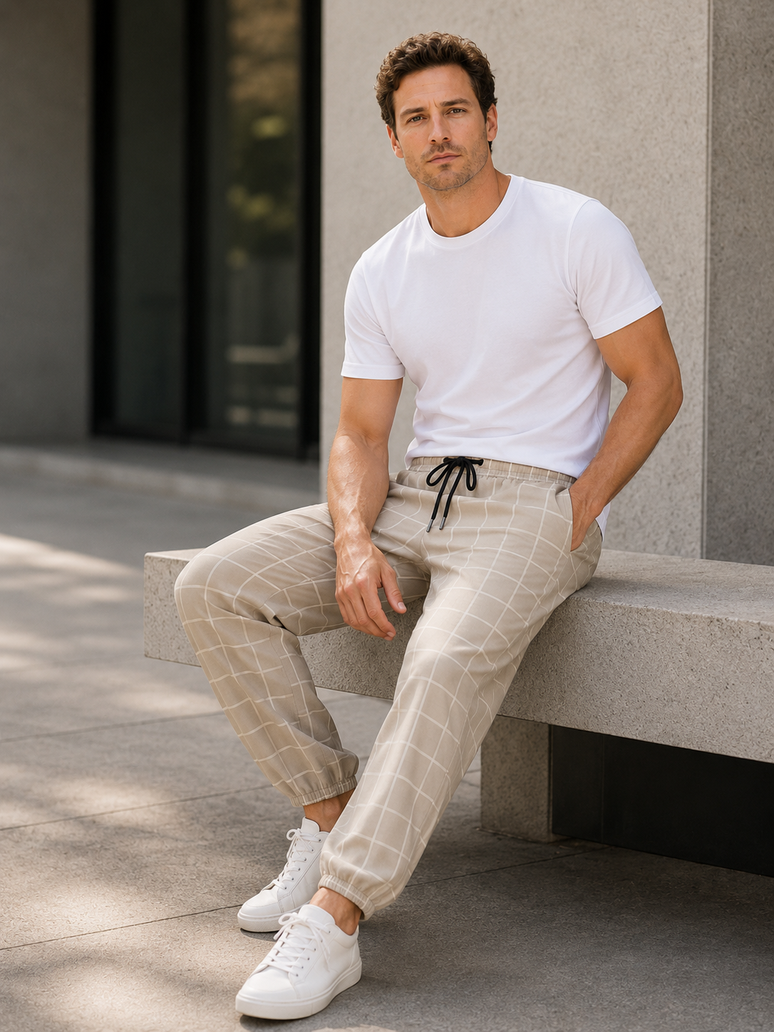 Herren Bequeme Karomuster Joggerhose