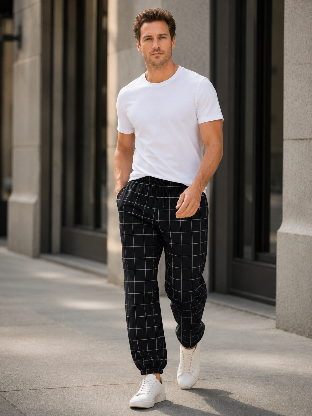 Herren Bequeme Karomuster Joggerhose
