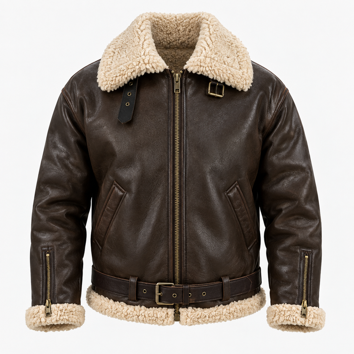 Herrenjacke aus Polyester mit Teddykragen, Reißverschluss und Gürtel