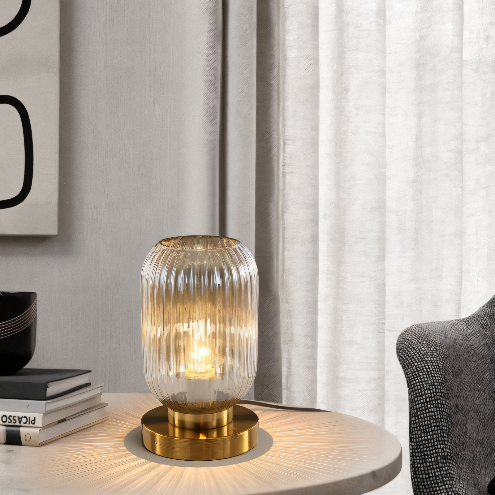 Oriantha - Elegante Nordische Tischlampe mit gebogenem geriffeltem Glas für stimmungsvolle Beleuchtung