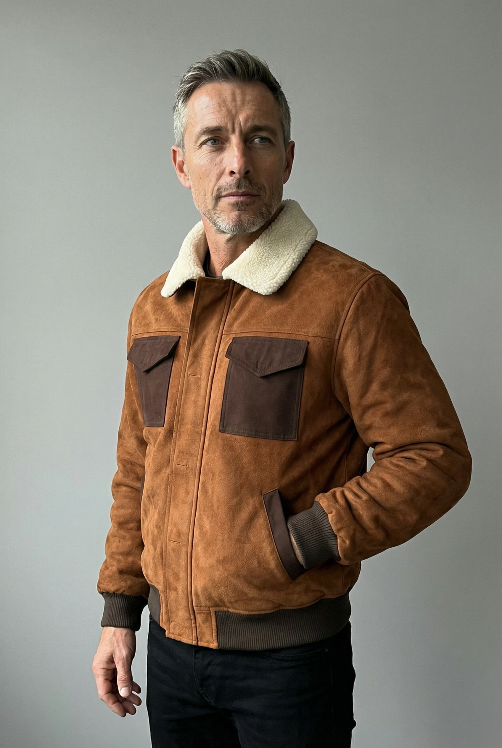 Herrenjacke aus Polyester in Lederoptik mit Sherpa-Futter