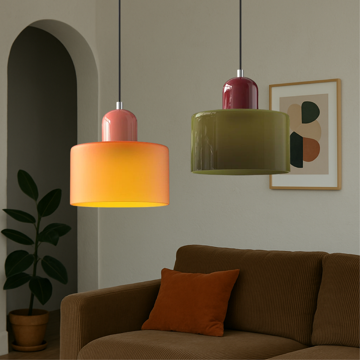 Bunte Glas-Bauhaus-Hängeleuchte – Retro Statement