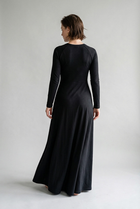 Damen Maxi-Kleid langarm - unifarben, A-Linie, aus Polyester