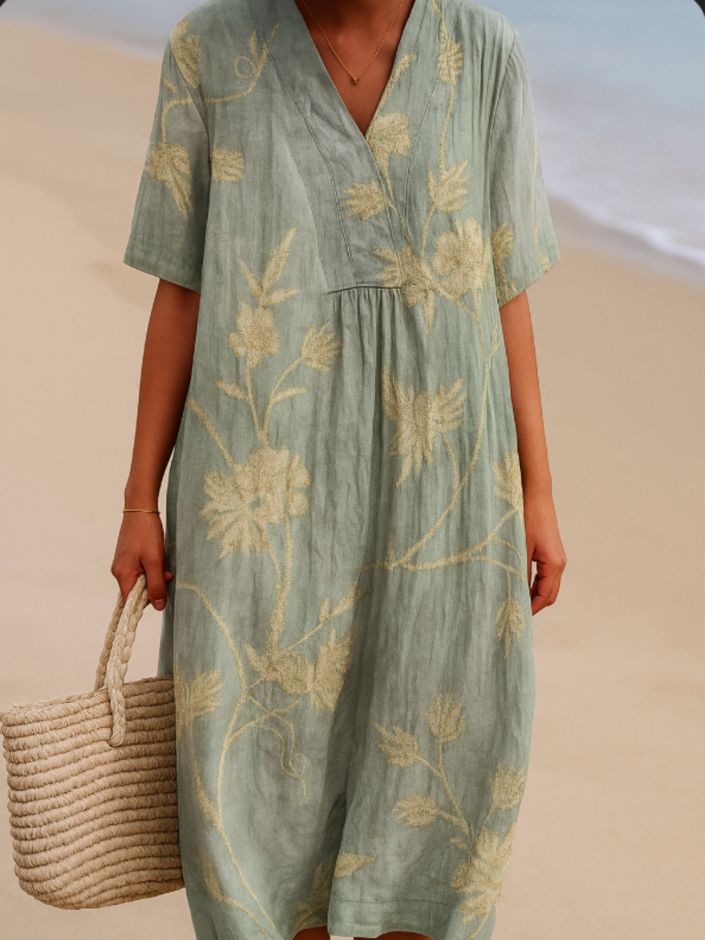 Olivia | Elegantes blau-graues Kleid mit charmanten Blumenstickereien für einen anspruchsvollen Look