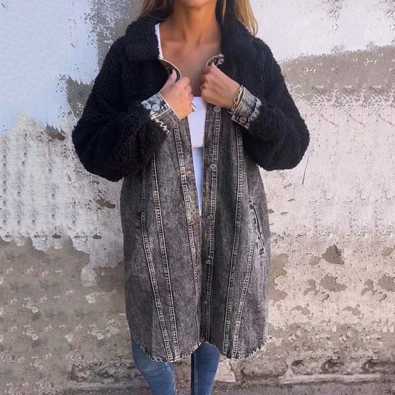 Langer Denim Mantel Damen mit Sherpa-Fütterung 0