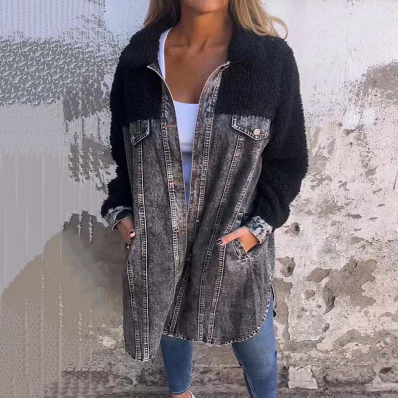 Langer Denim Mantel Damen mit Sherpa-Fütterung 1